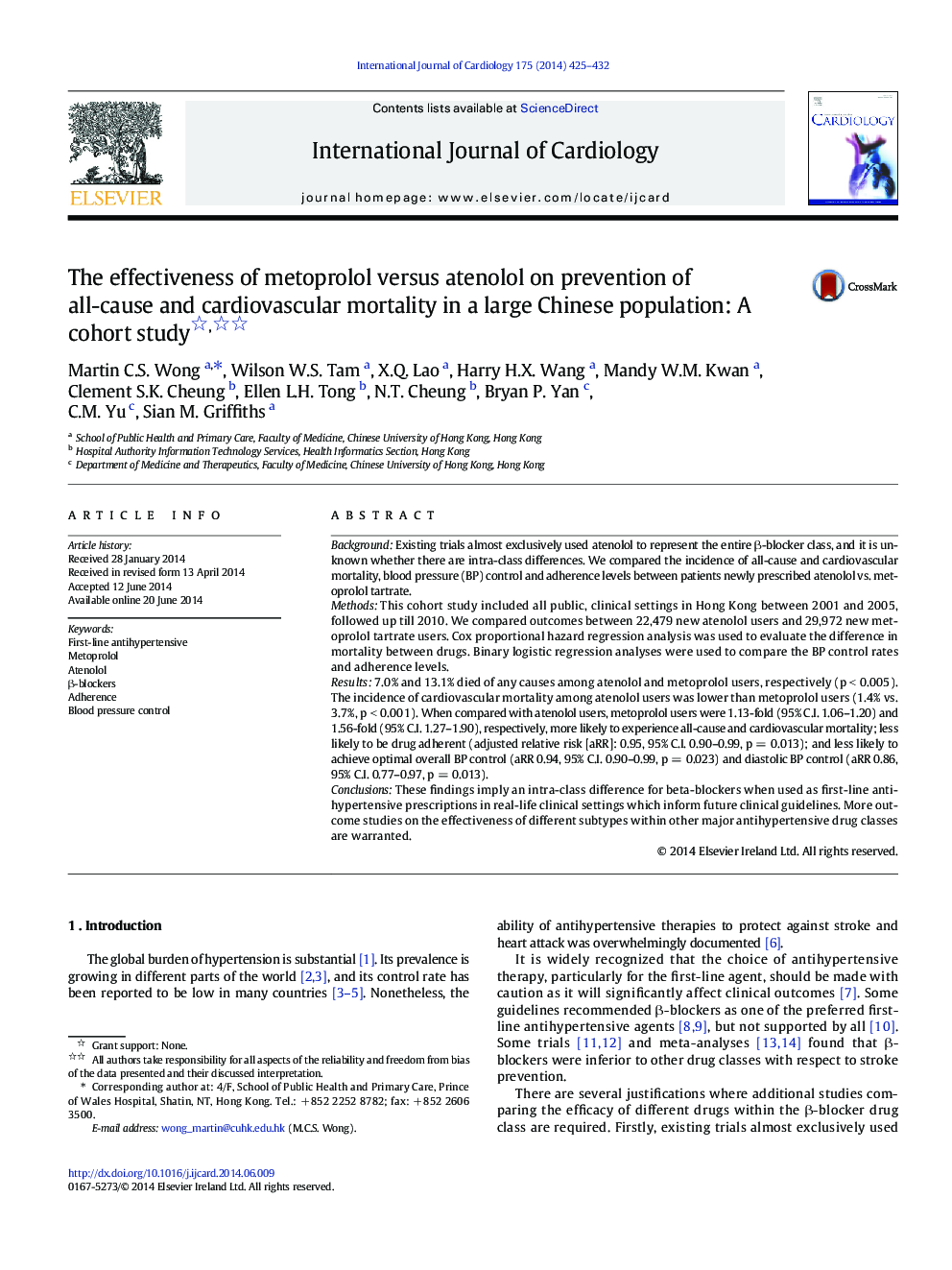 The effectiveness of metoprolol versus atenolol on prevention of all-cause and cardiovascular mortality in a large Chinese population: A cohort study