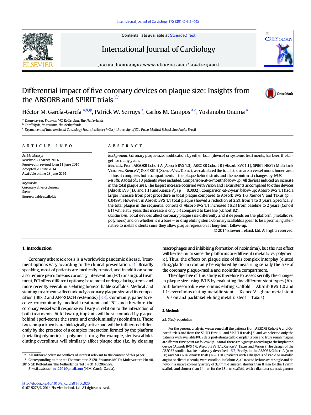 Differential impact of five coronary devices on plaque size: Insights from the ABSORB and SPIRIT trials