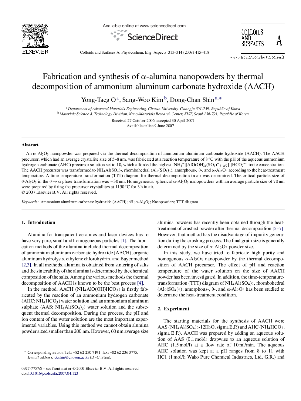 Fabrication and synthesis of α-alumina nanopowders by thermal decomposition of ammonium aluminum carbonate hydroxide (AACH)