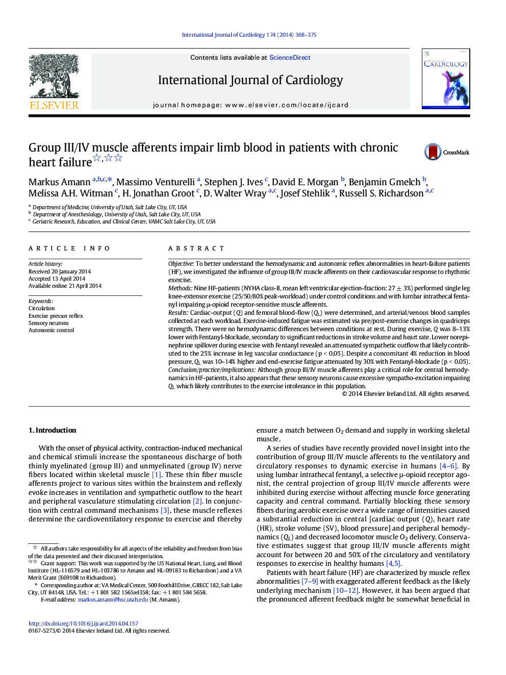 Group III/IV muscle afferents impair limb blood in patients with chronic heart failure