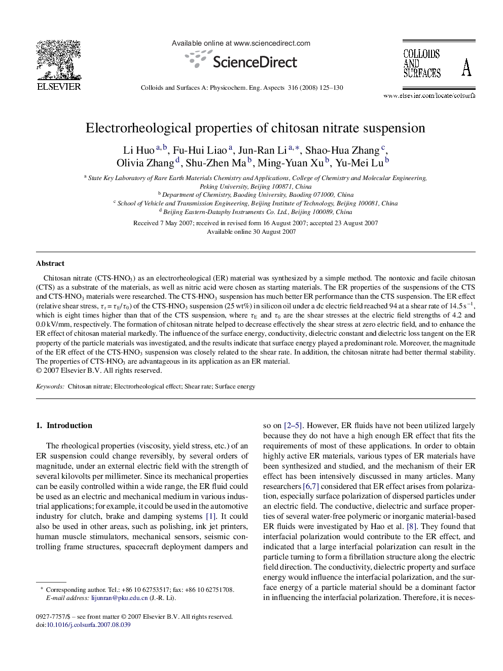 Electrorheological properties of chitosan nitrate suspension