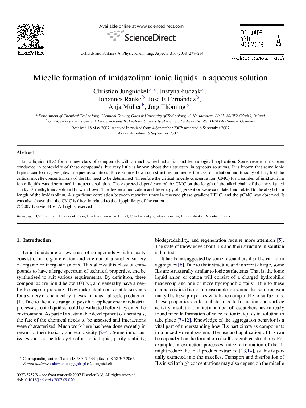 Micelle formation of imidazolium ionic liquids in aqueous solution