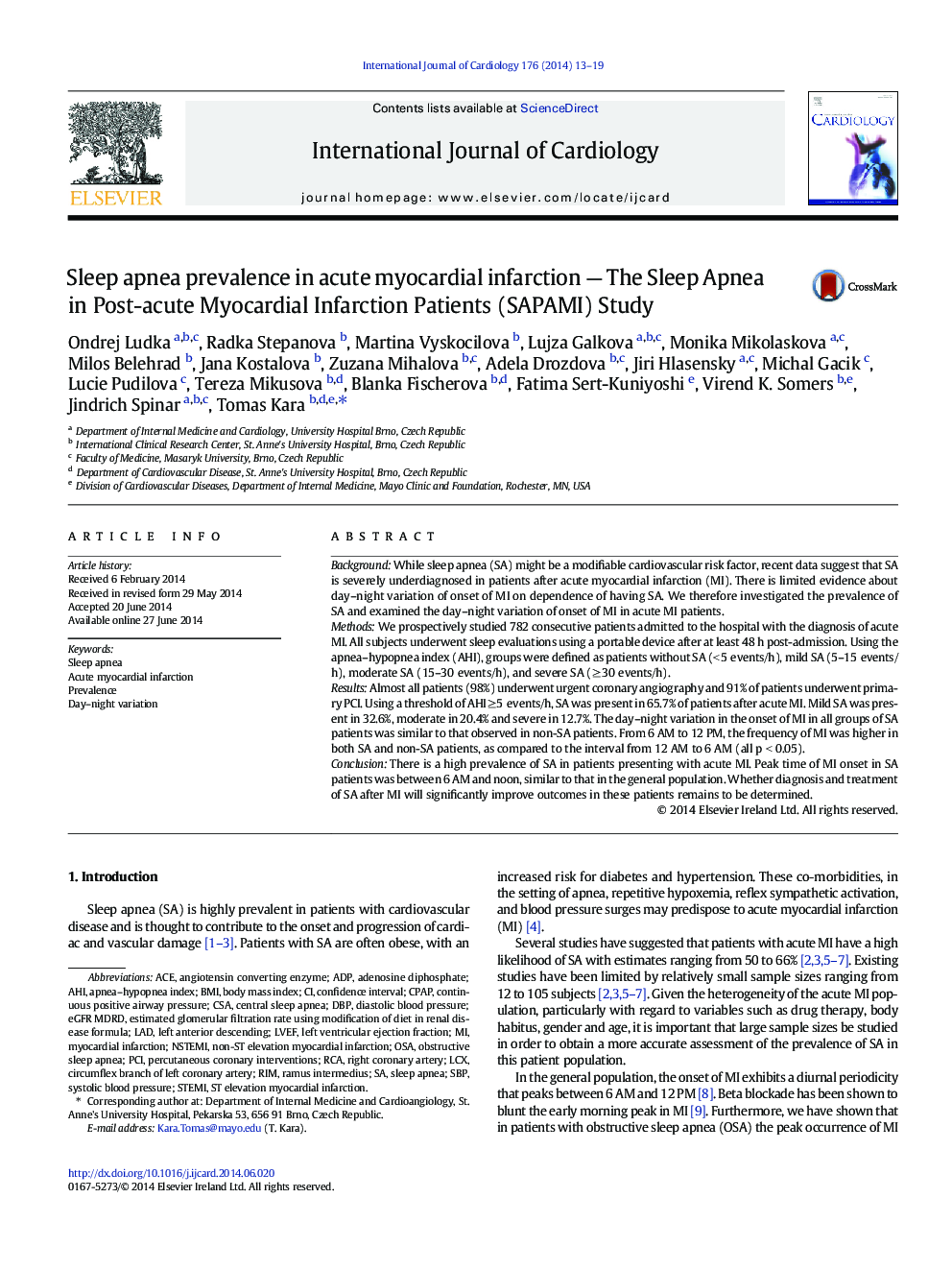 Sleep apnea prevalence in acute myocardial infarction - The Sleep Apnea in Post-acute Myocardial Infarction Patients (SAPAMI) Study