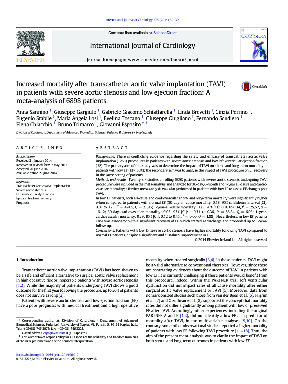 Increased mortality after transcatheter aortic valve implantation (TAVI) in patients with severe aortic stenosis and low ejection fraction: A meta-analysis of 6898 patients