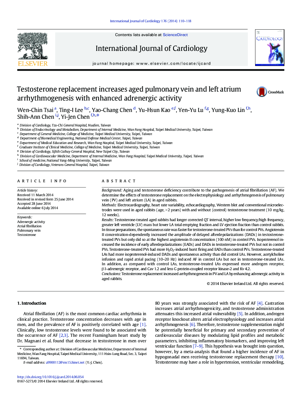 Testosterone replacement increases aged pulmonary vein and left atrium arrhythmogenesis with enhanced adrenergic activity