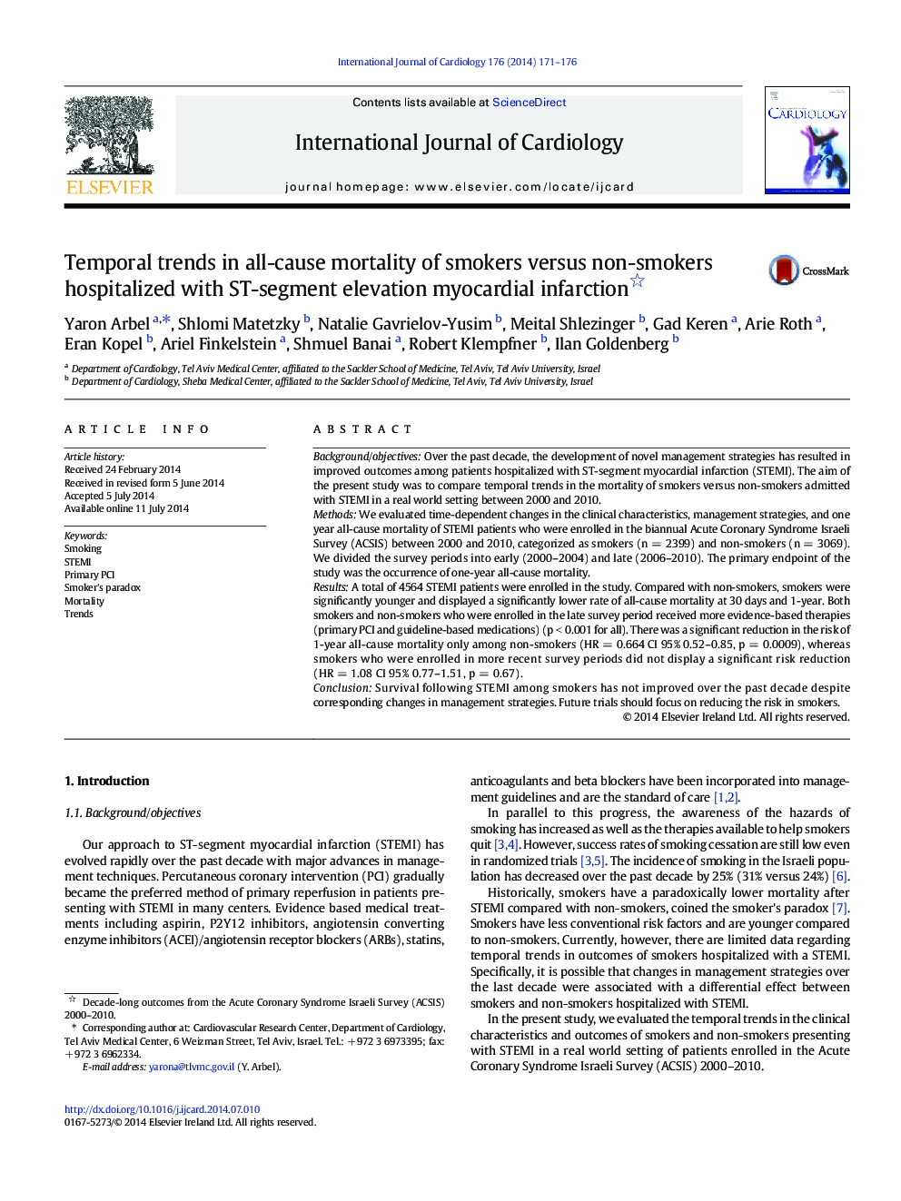 Temporal trends in all-cause mortality of smokers versus non-smokers hospitalized with ST-segment elevation myocardial infarction