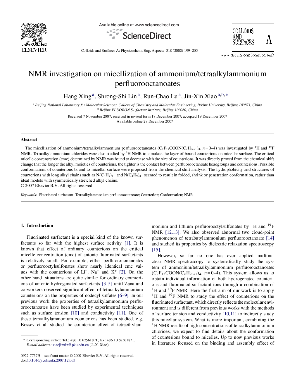 NMR investigation on micellization of ammonium/tetraalkylammonium perfluorooctanoates