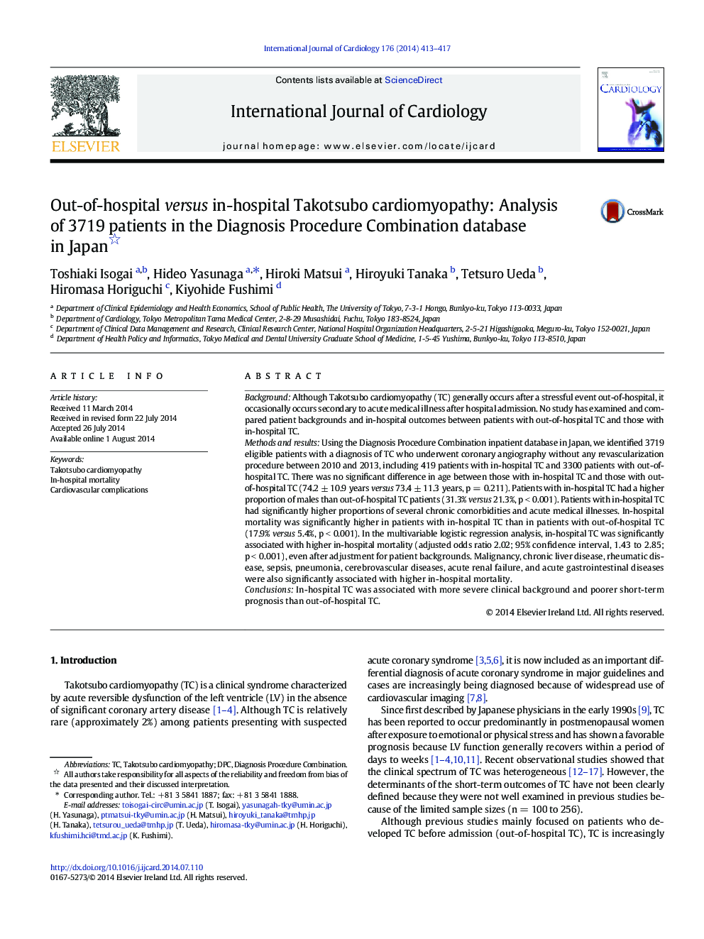 Out-of-hospital versus in-hospital Takotsubo cardiomyopathy: Analysis of 3719 patients in the Diagnosis Procedure Combination database in Japan