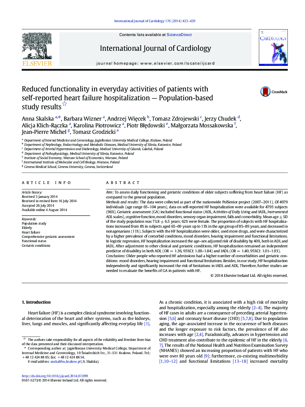 Reduced functionality in everyday activities of patients with self-reported heart failure hospitalization - Population-based study results