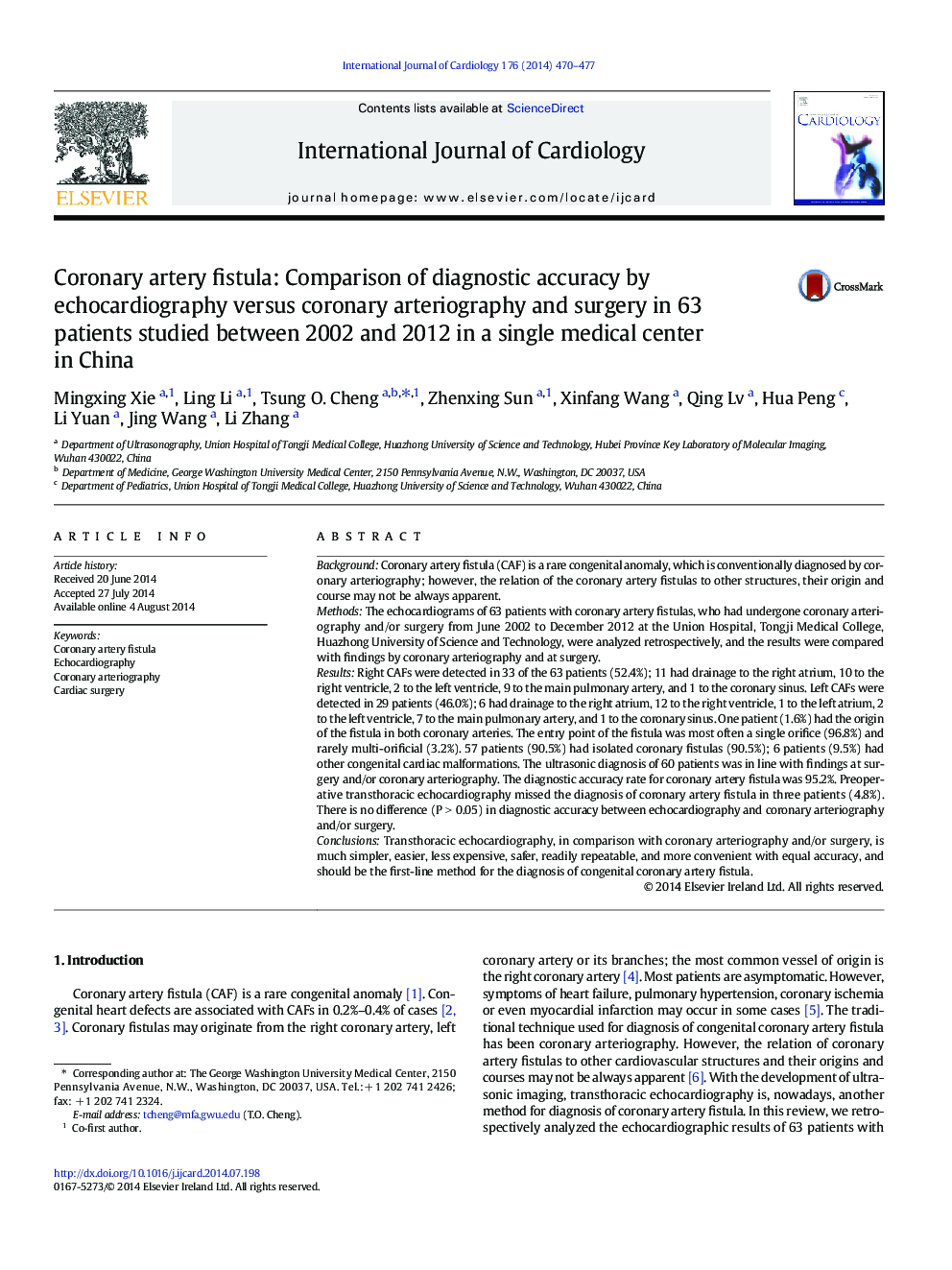 Coronary artery fistula: Comparison of diagnostic accuracy by echocardiography versus coronary arteriography and surgery in 63 patients studied between 2002 and 2012 in a single medical center in China