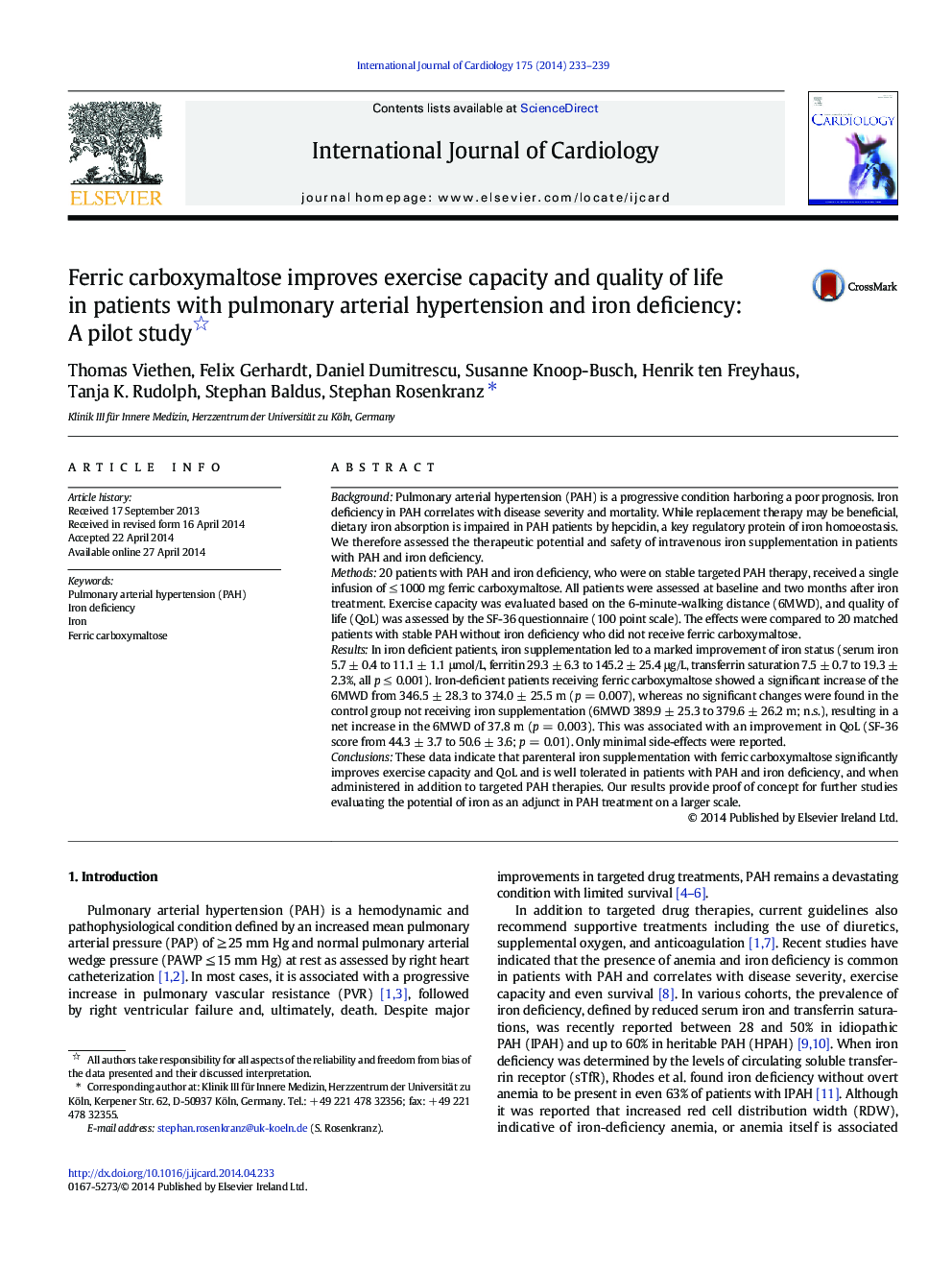 Ferric carboxymaltose improves exercise capacity and quality of life in patients with pulmonary arterial hypertension and iron deficiency: A pilot study