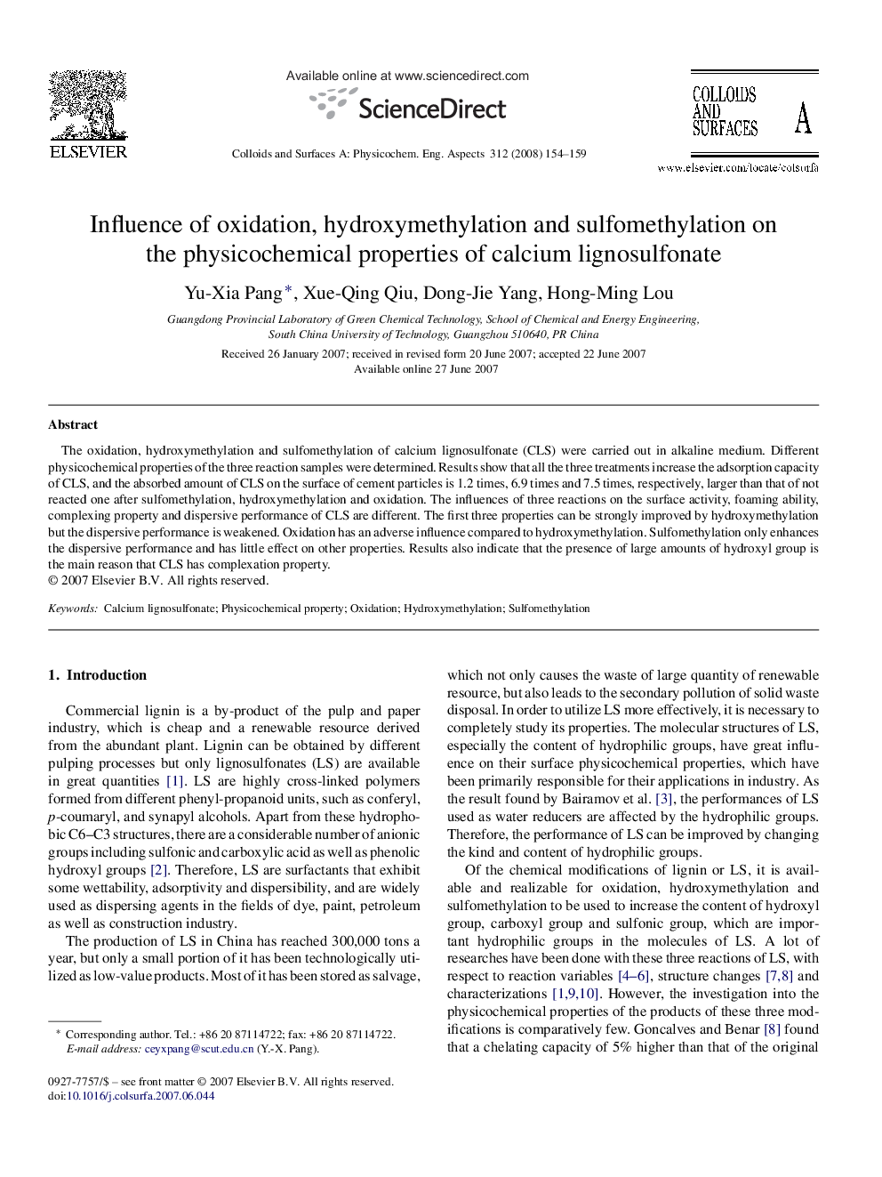 Influence of oxidation, hydroxymethylation and sulfomethylation on the physicochemical properties of calcium lignosulfonate