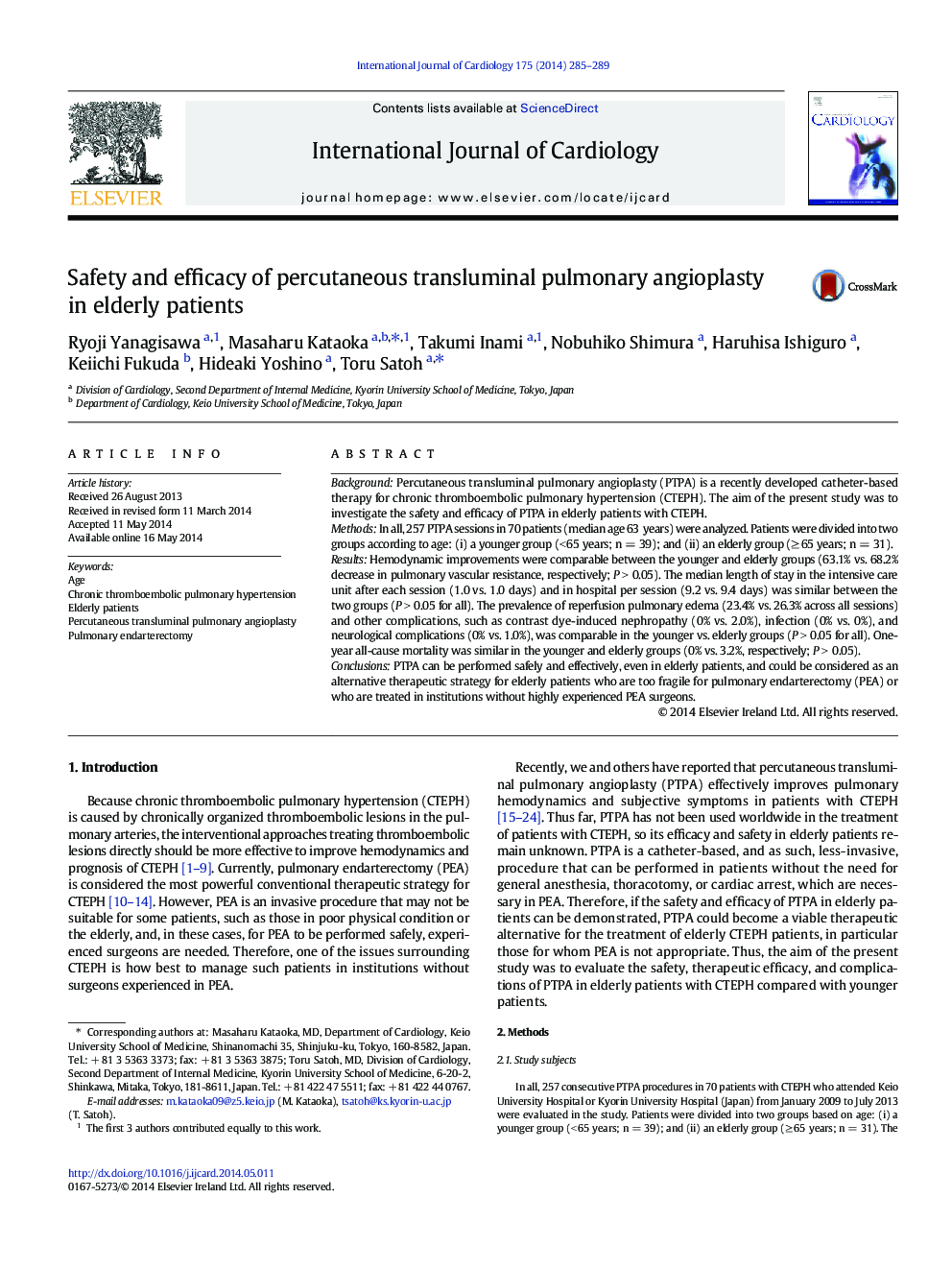 Safety and efficacy of percutaneous transluminal pulmonary angioplasty in elderly patients