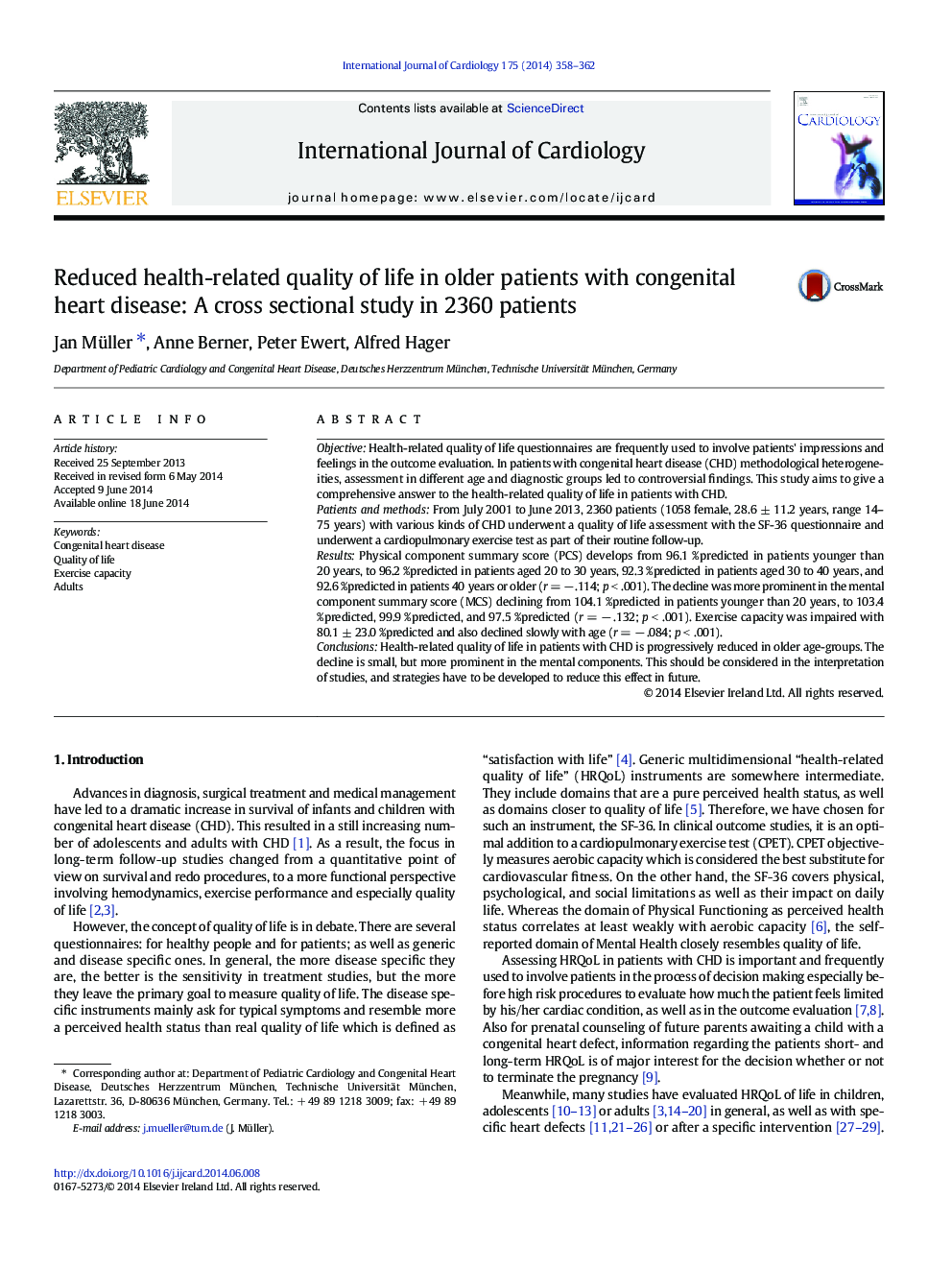 Reduced health-related quality of life in older patients with congenital heart disease: A cross sectional study in 2360 patients