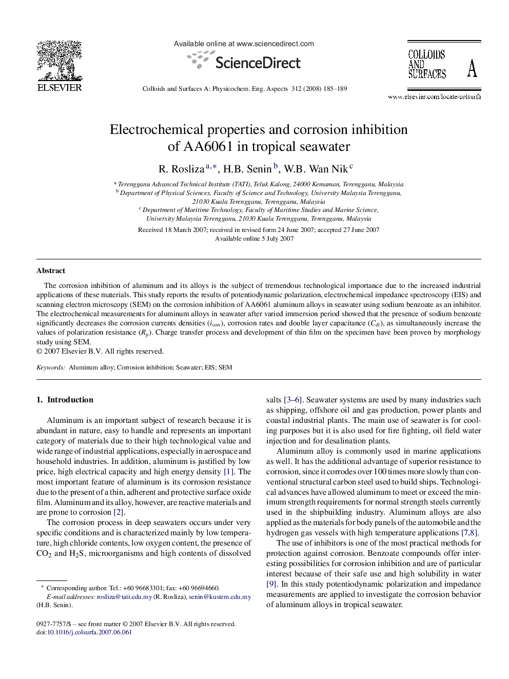 Electrochemical properties and corrosion inhibition of AA6061 in tropical seawater