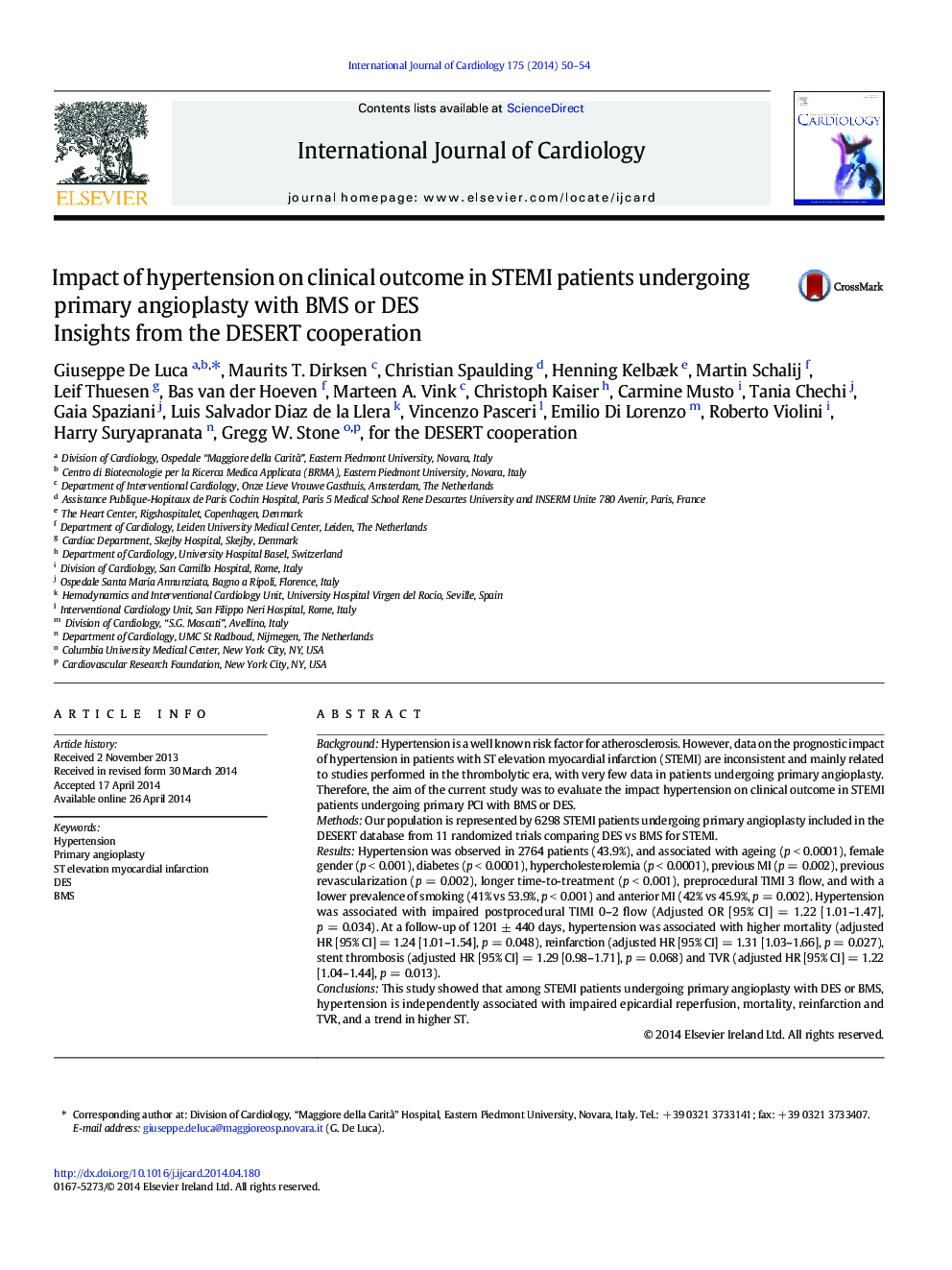 Impact of hypertension on clinical outcome in STEMI patients undergoing primary angioplasty with BMS or DES: Insights from the DESERT cooperation