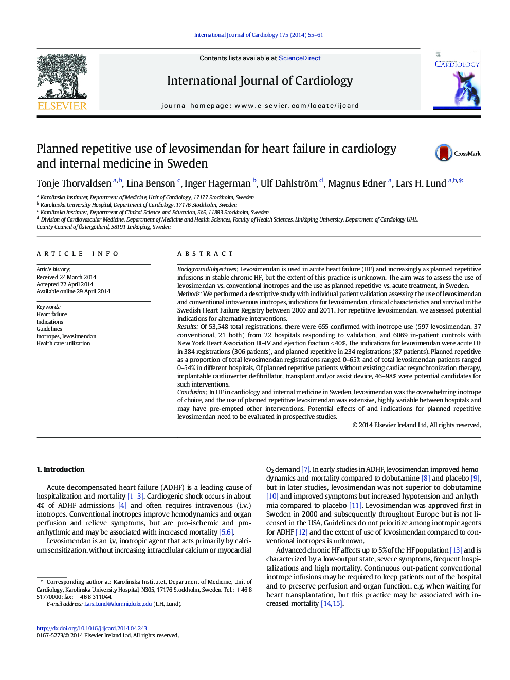 Planned repetitive use of levosimendan for heart failure in cardiology and internal medicine in Sweden