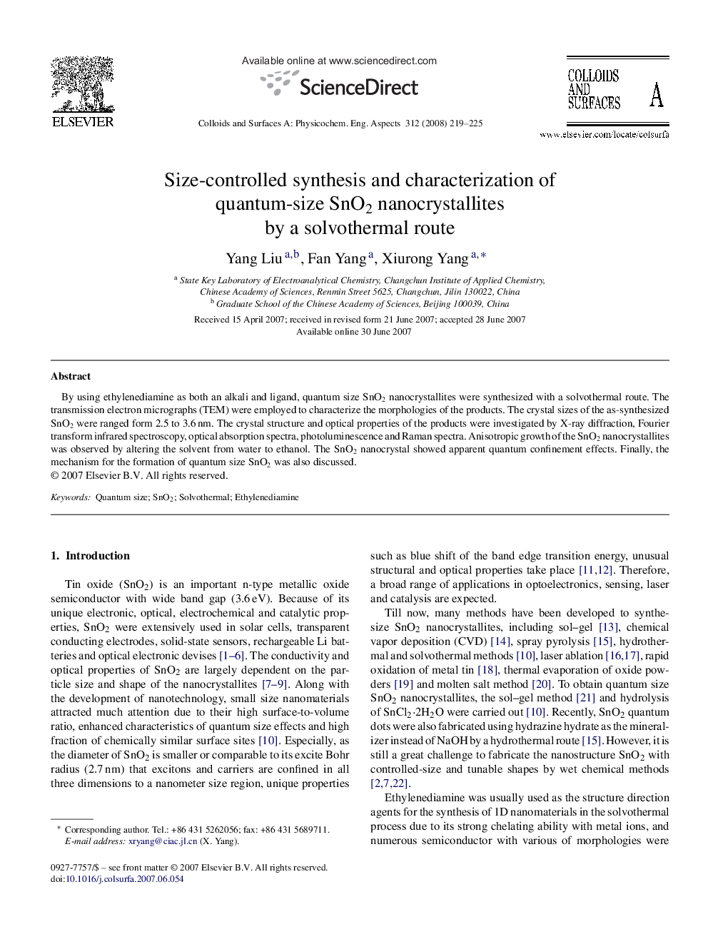 Size-controlled synthesis and characterization of quantum-size SnO2 nanocrystallites by a solvothermal route