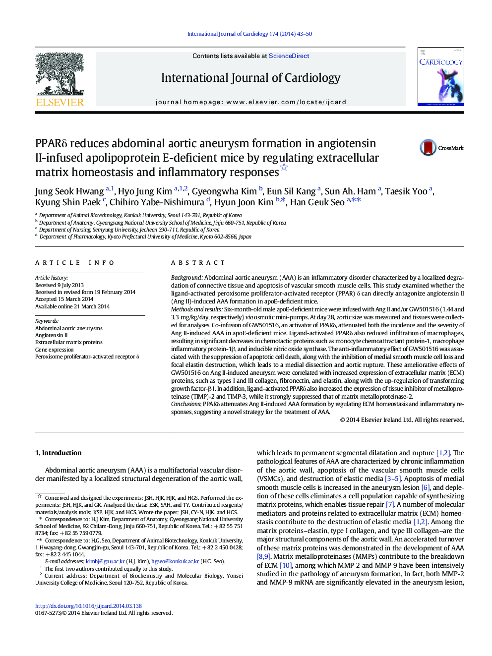 PPARÎ´ reduces abdominal aortic aneurysm formation in angiotensin II-infused apolipoprotein E-deficient mice by regulating extracellular matrix homeostasis and inflammatory responses