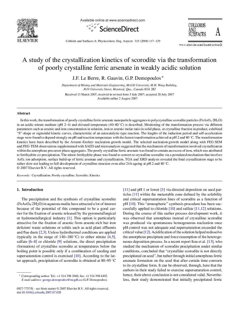 A study of the crystallization kinetics of scorodite via the transformation of poorly crystalline ferric arsenate in weakly acidic solution