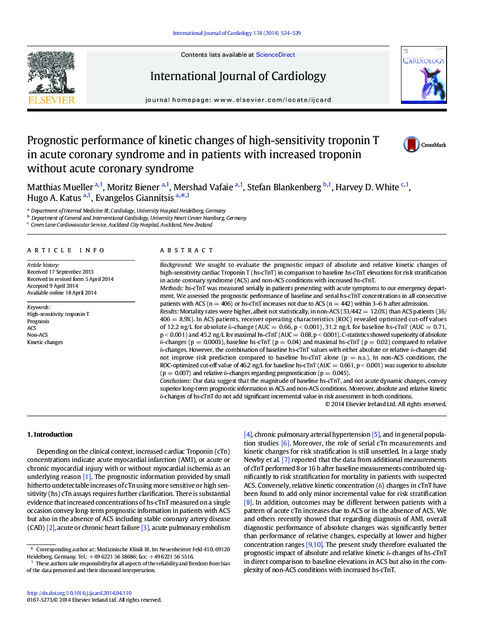 Prognostic performance of kinetic changes of high-sensitivity troponin T in acute coronary syndrome and in patients with increased troponin without acute coronary syndrome