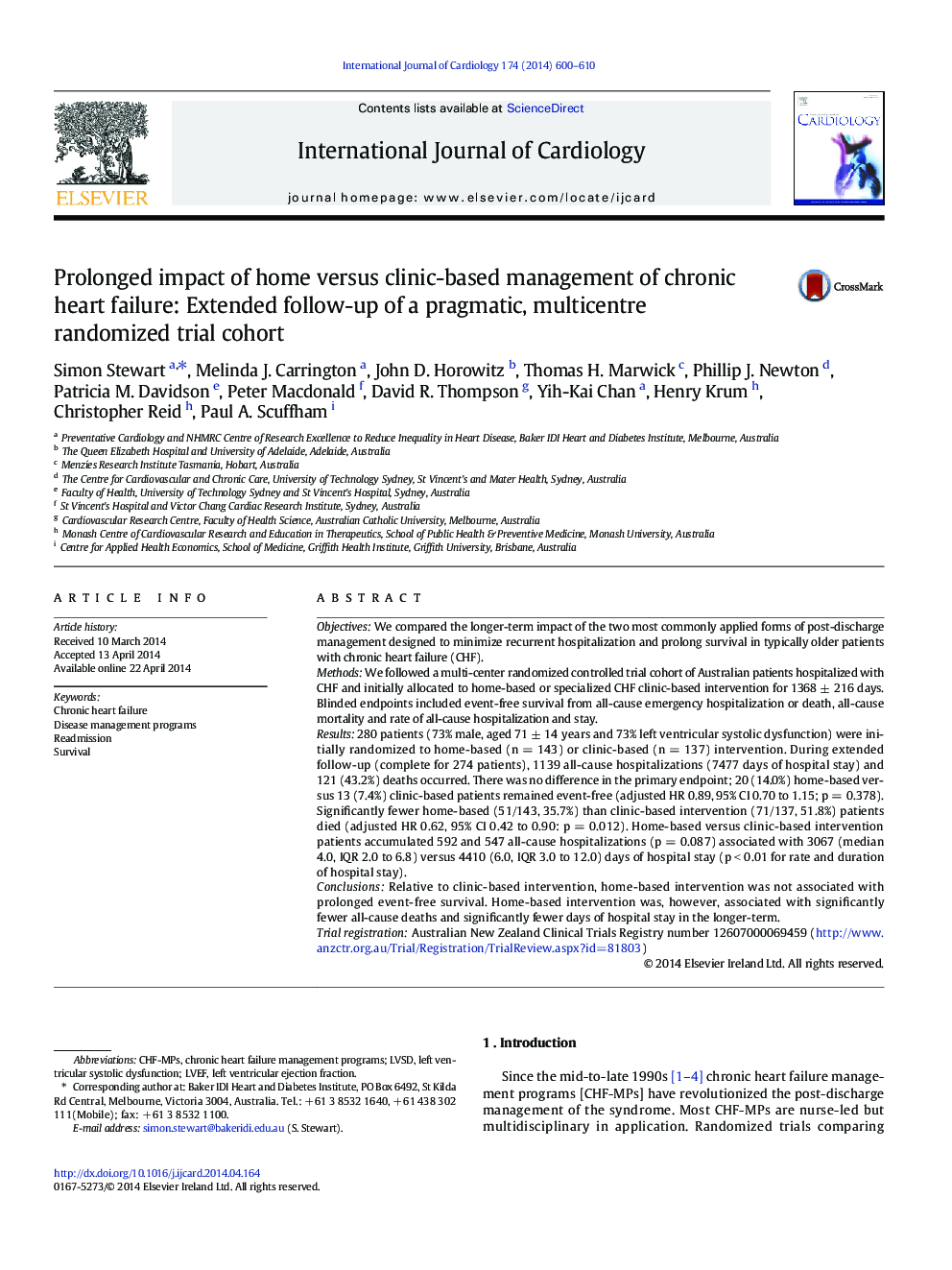 Prolonged impact of home versus clinic-based management of chronic heart failure: Extended follow-up of a pragmatic, multicentre randomized trial cohort