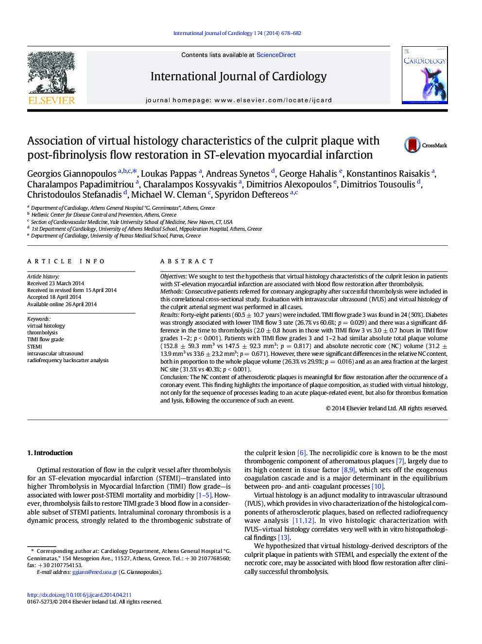 Association of virtual histology characteristics of the culprit plaque with post-fibrinolysis flow restoration in ST-elevation myocardial infarction