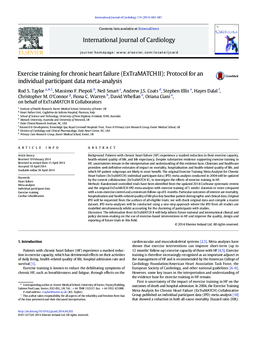 Exercise training for chronic heart failure (ExTraMATCH II): Protocol for an individual participant data meta-analysis