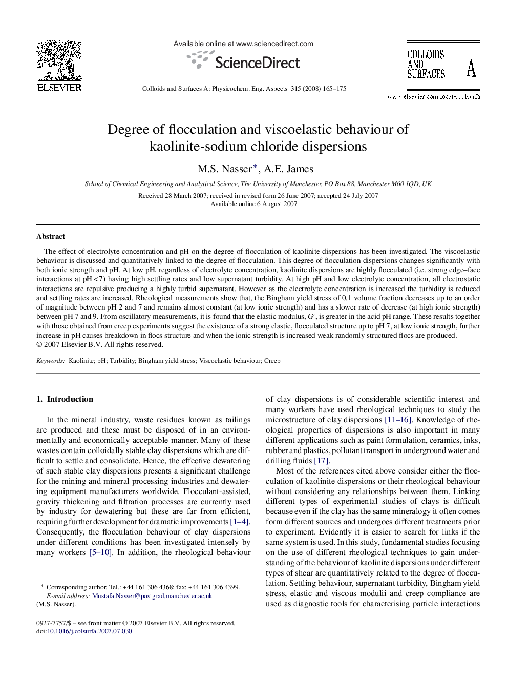 Degree of flocculation and viscoelastic behaviour of kaolinite-sodium chloride dispersions