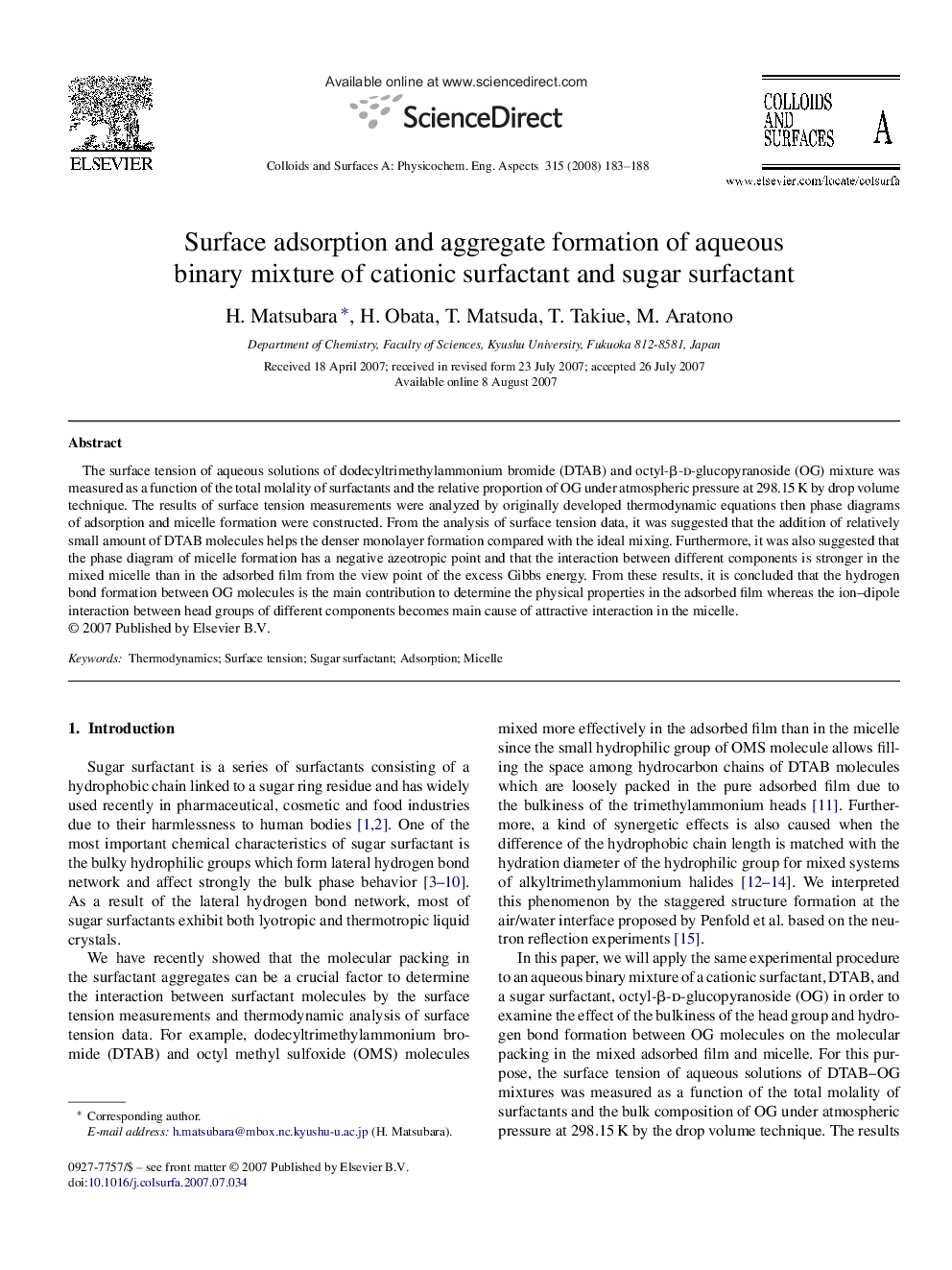 Surface adsorption and aggregate formation of aqueous binary mixture of cationic surfactant and sugar surfactant