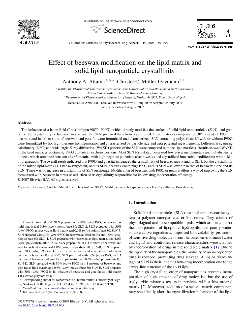 Effect of beeswax modification on the lipid matrix and solid lipid nanoparticle crystallinity