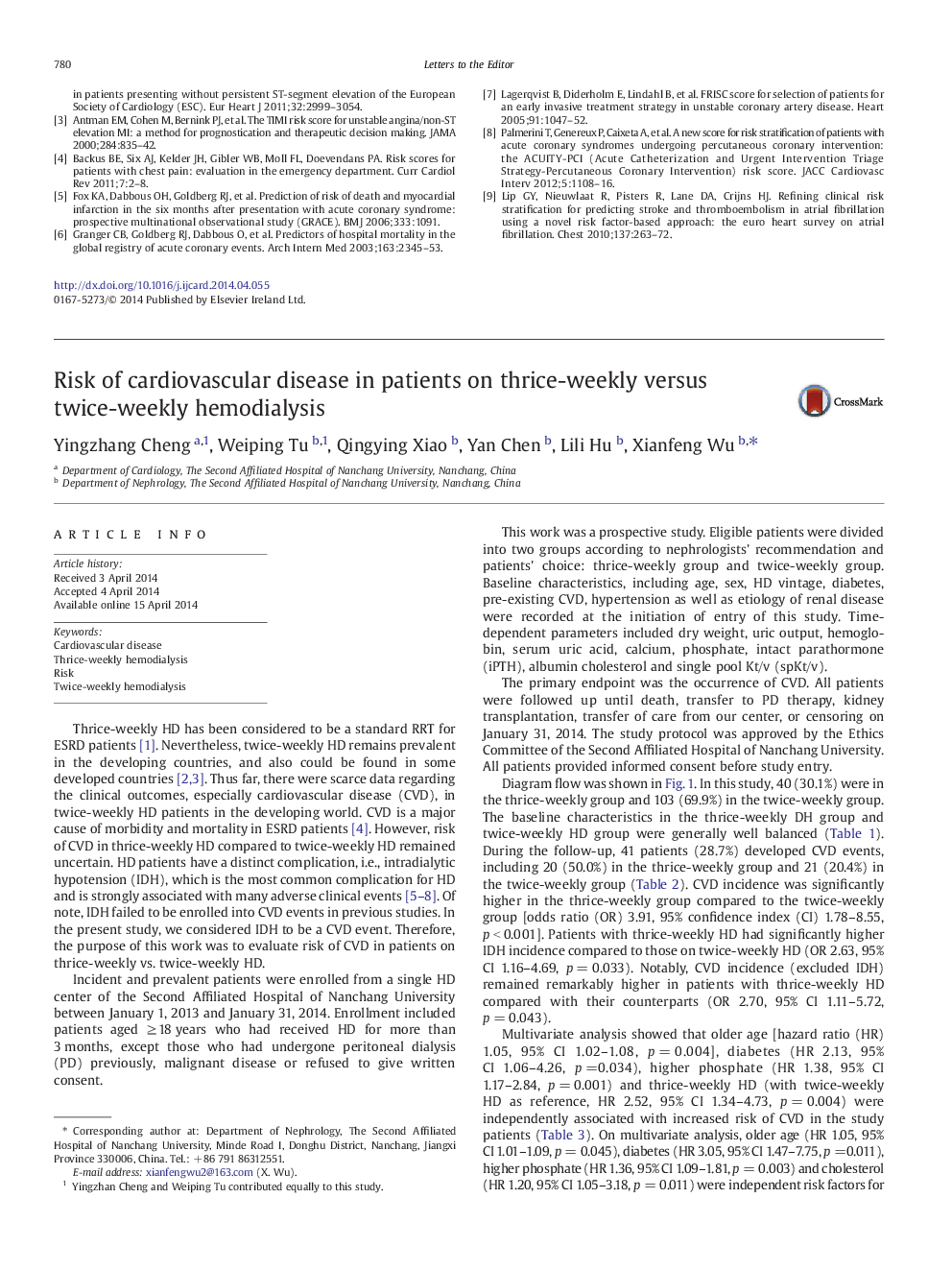 Risk of cardiovascular disease in patients on thrice-weekly versus twice-weekly hemodialysis