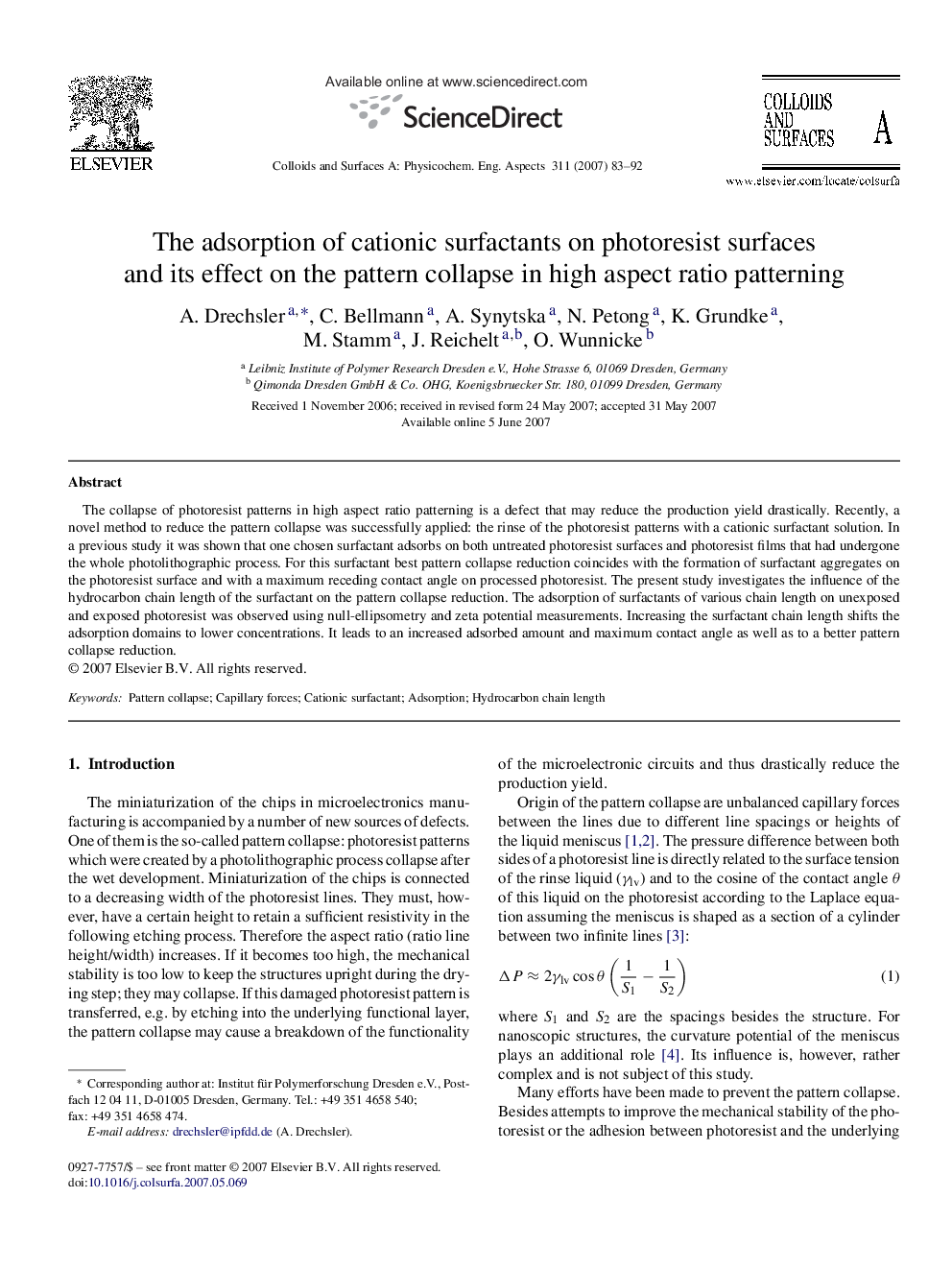 The adsorption of cationic surfactants on photoresist surfaces and its effect on the pattern collapse in high aspect ratio patterning