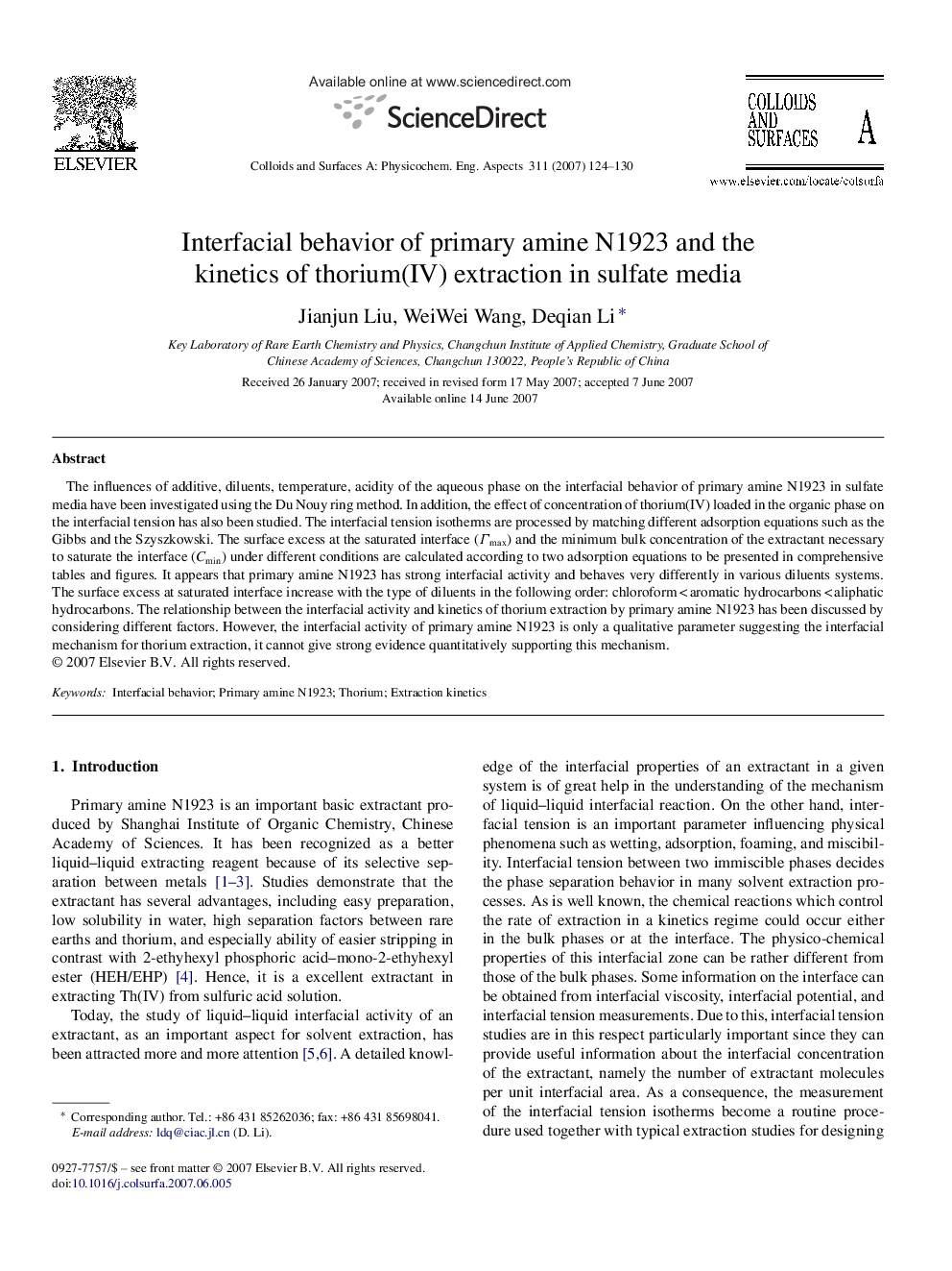 Interfacial behavior of primary amine N1923 and the kinetics of thorium(IV) extraction in sulfate media