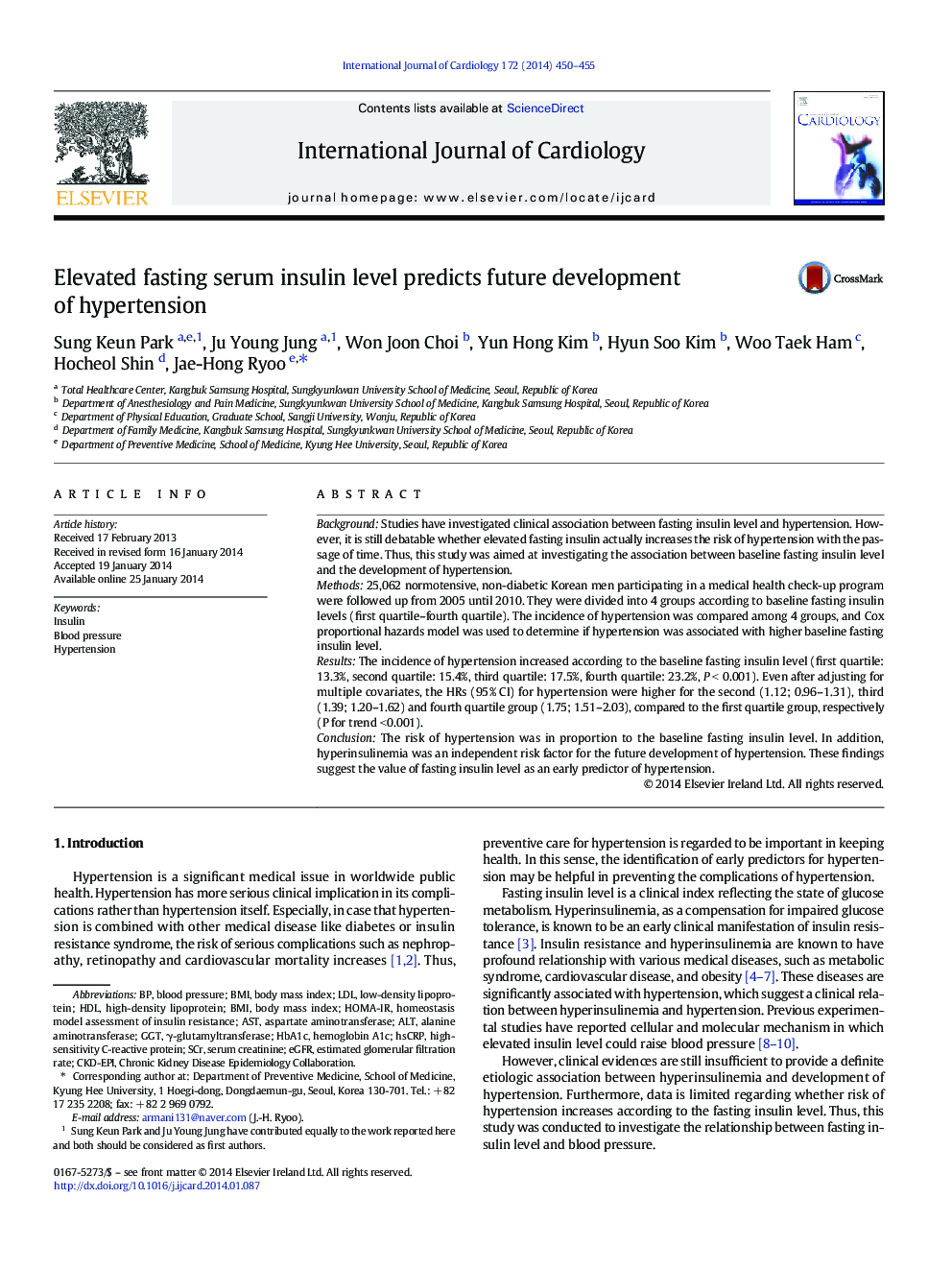 Elevated fasting serum insulin level predicts future development of hypertension