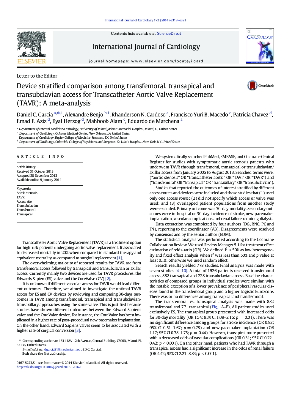 Device stratified comparison among transfemoral, transapical and transubclavian access for Transcatheter Aortic Valve Replacement (TAVR): A meta-analysis