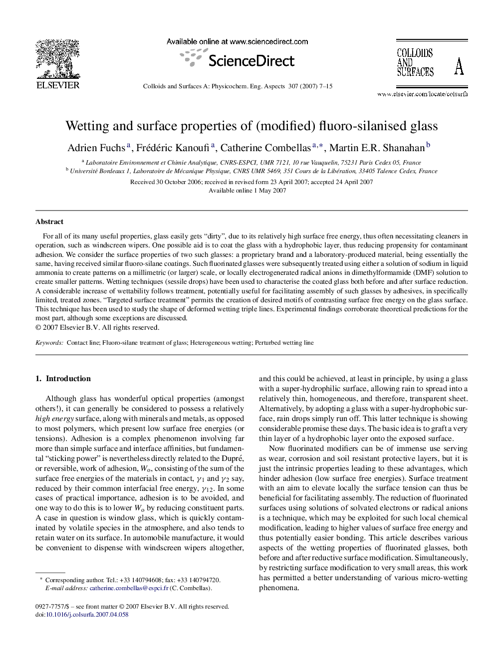 Wetting and surface properties of (modified) fluoro-silanised glass