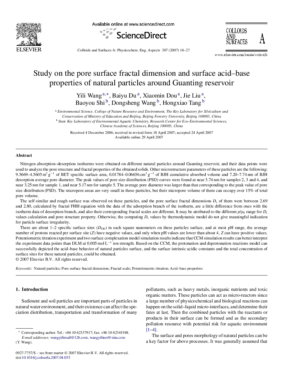 Study on the pore surface fractal dimension and surface acid–base properties of natural particles around Guanting reservoir