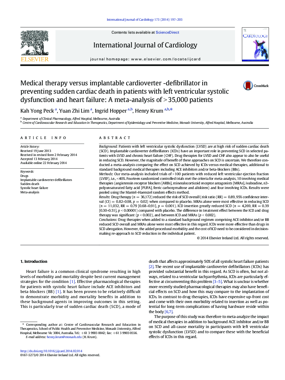 Medical therapy versus implantable cardioverter -defibrillator in preventing sudden cardiac death in patients with left ventricular systolic dysfunction and heart failure: A meta-analysis of > 35,000 patients