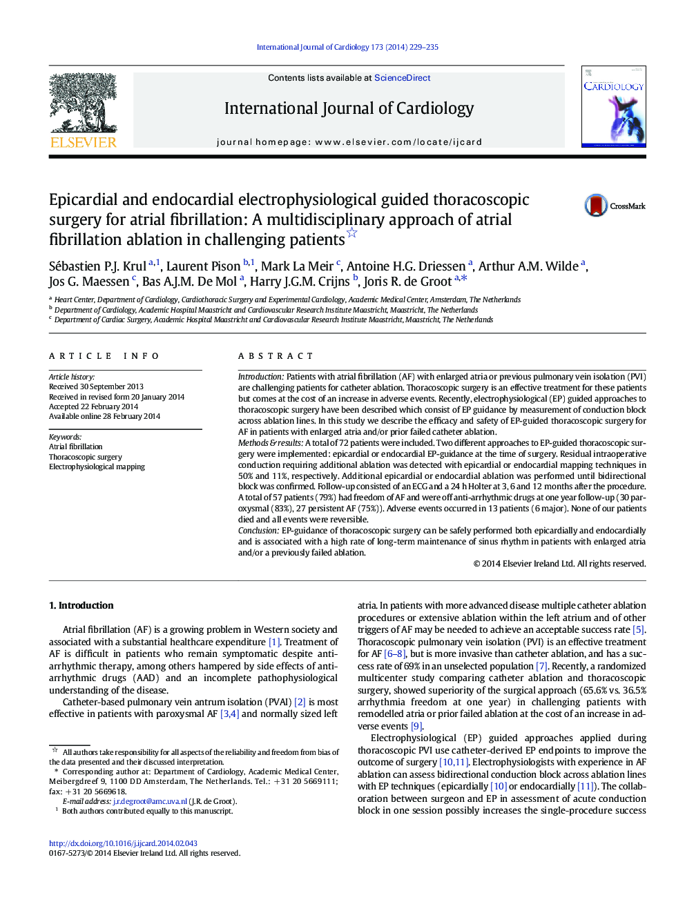 Epicardial and endocardial electrophysiological guided thoracoscopic surgery for atrial fibrillation: A multidisciplinary approach of atrial fibrillation ablation in challenging patients