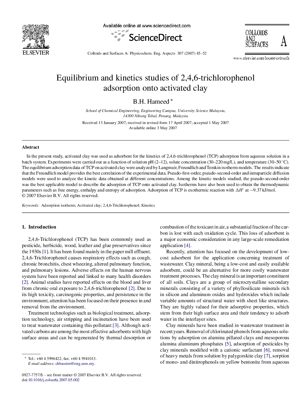 Equilibrium and kinetics studies of 2,4,6-trichlorophenol adsorption onto activated clay