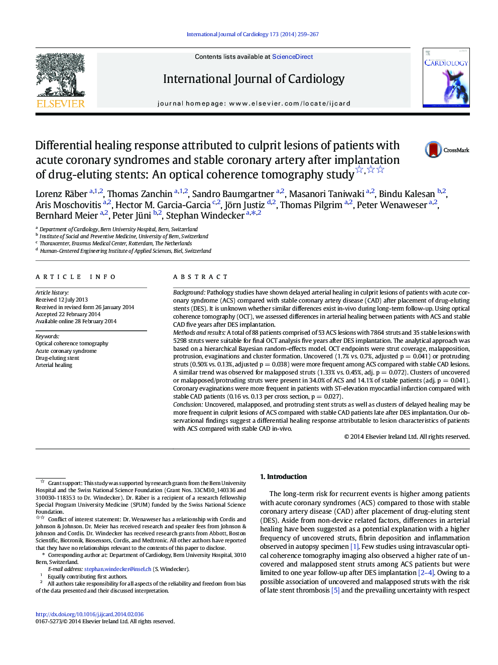 Differential healing response attributed to culprit lesions of patients with acute coronary syndromes and stable coronary artery after implantation of drug-eluting stents: An optical coherence tomography study