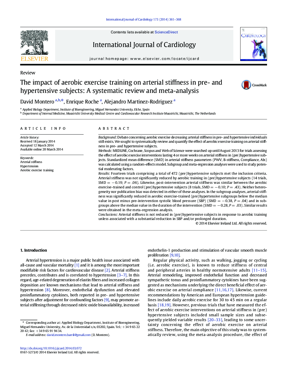 The impact of aerobic exercise training on arterial stiffness in pre- and hypertensive subjects: A systematic review and meta-analysis