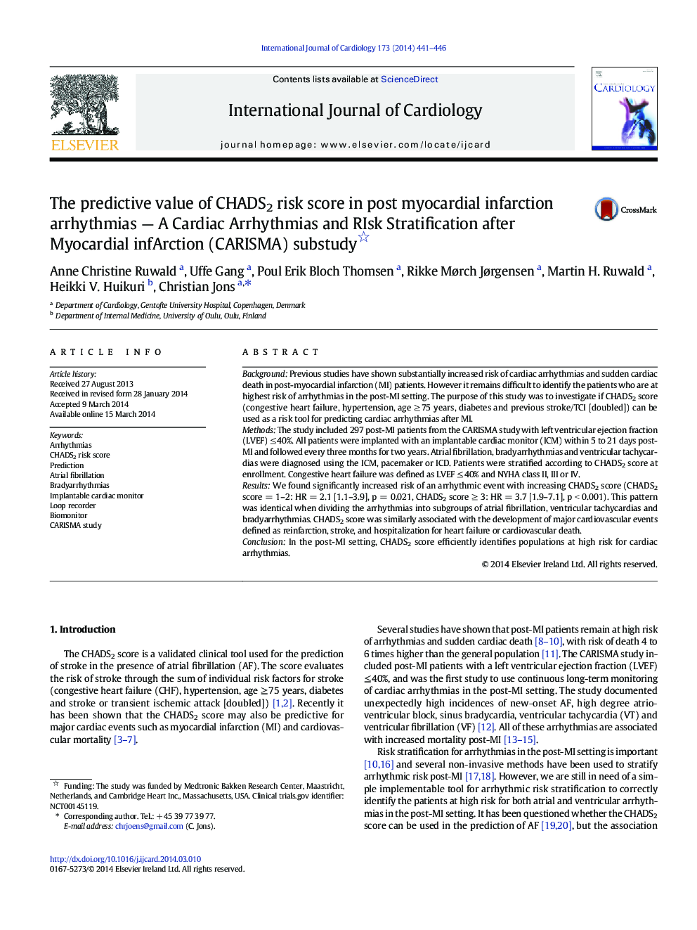 The predictive value of CHADS2 risk score in post myocardial infarction arrhythmias - A Cardiac Arrhythmias and RIsk Stratification after Myocardial infArction (CARISMA) substudy