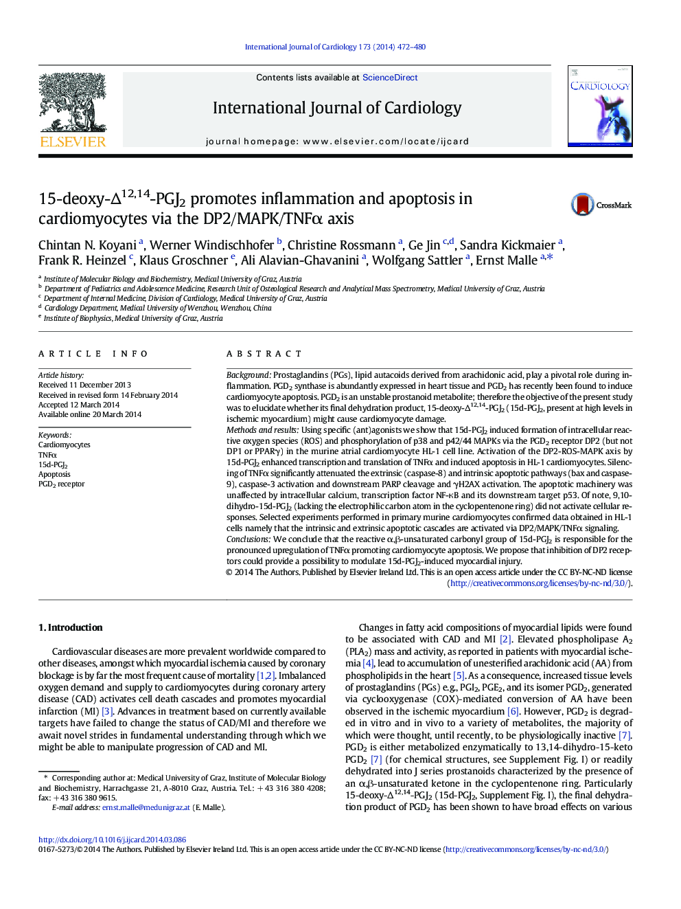 15-deoxy-Î12,14-PGJ2 promotes inflammation and apoptosis in cardiomyocytes via the DP2/MAPK/TNFÎ± axis