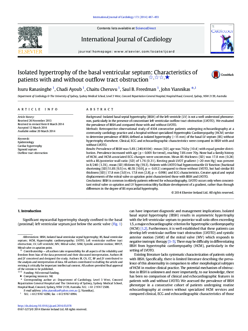 Isolated hypertrophy of the basal ventricular septum: Characteristics of patients with and without outflow tract obstructionâ