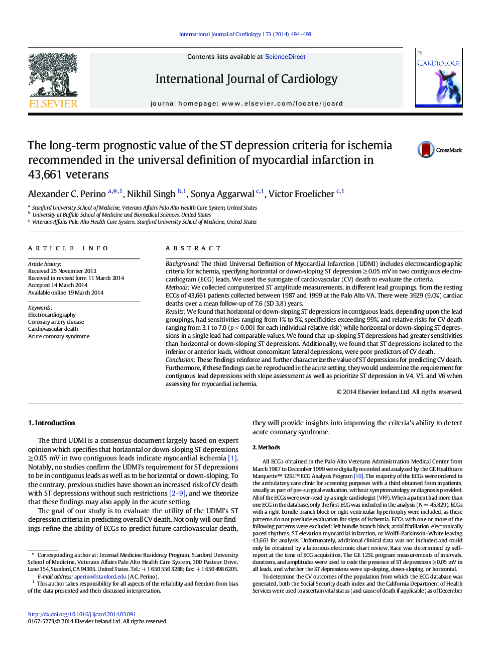 The long-term prognostic value of the ST depression criteria for ischemia recommended in the universal definition of myocardial infarction in 43,661 veterans