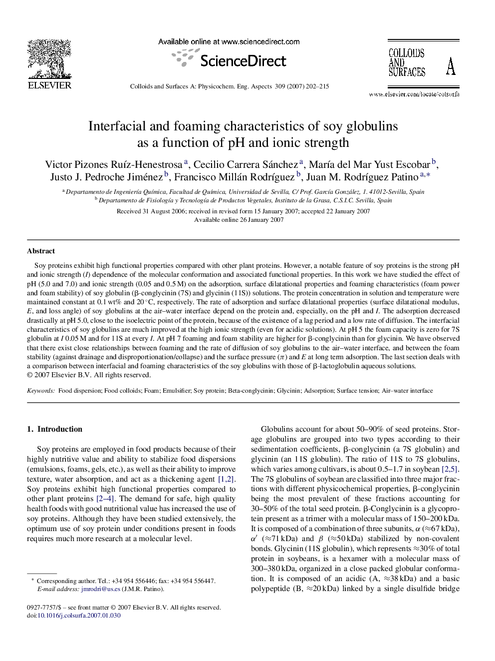 Interfacial and foaming characteristics of soy globulins as a function of pH and ionic strength