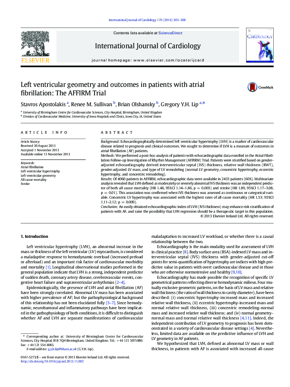 Left ventricular geometry and outcomes in patients with atrial fibrillation: The AFFIRM Trial