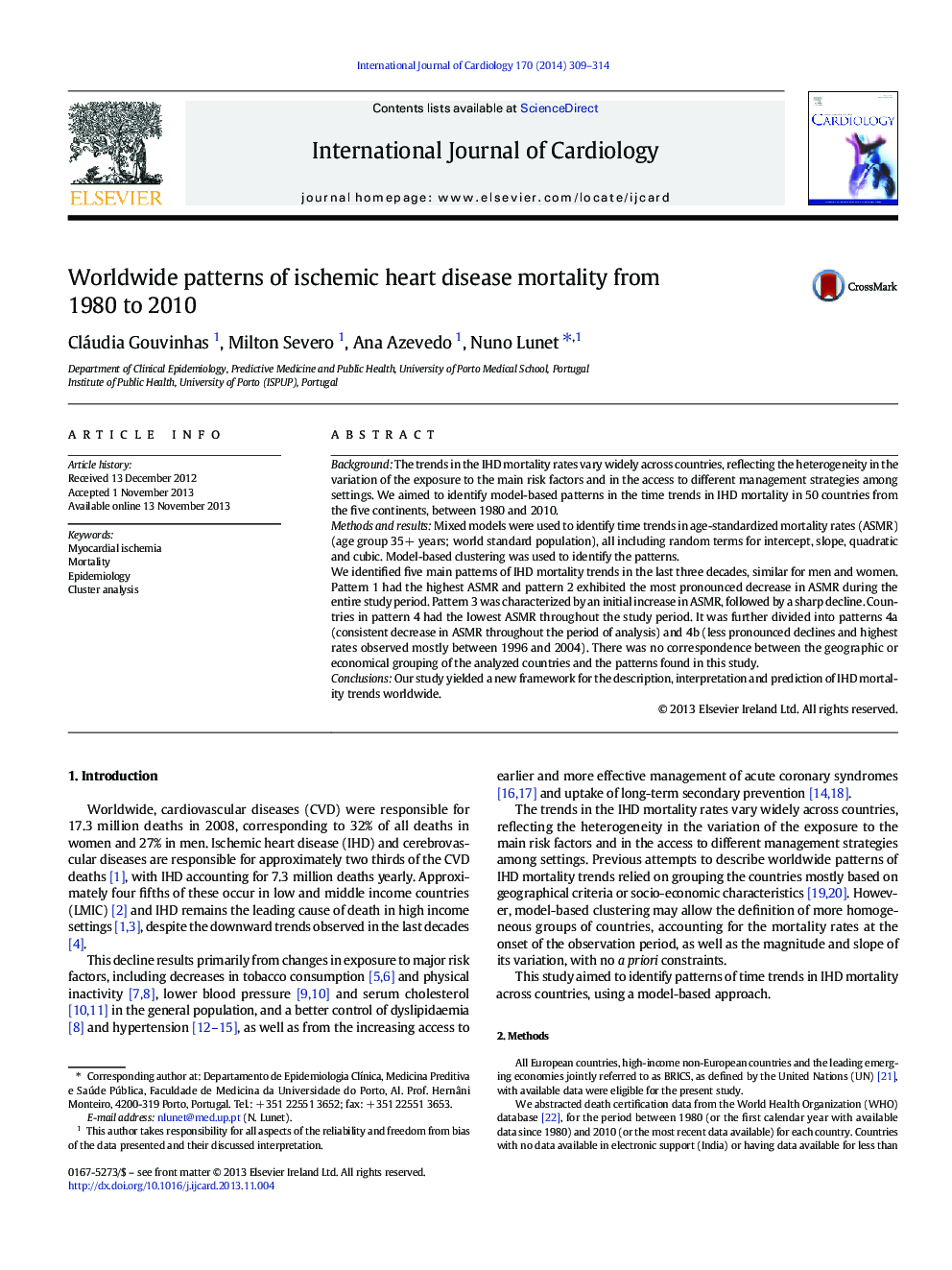 Worldwide patterns of ischemic heart disease mortality from 1980 to 2010